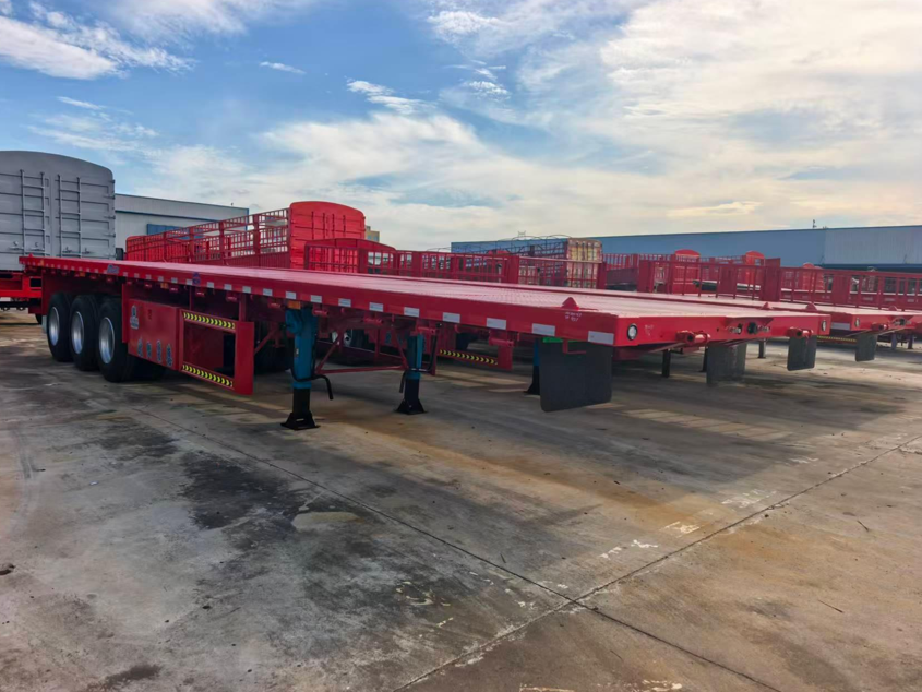 Trailer Semi-Flatbed Balok Lurus 3-Gandar 12,5 Meter Kustom Pabrik untuk Angkutan Kargo Kontainer Tugas Berat Dijual