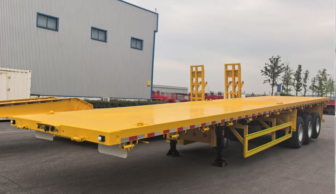 Trailer Semi-Flatbed Balok Lurus 3-Gandar 12,5 Meter Kustom Pabrik untuk Angkutan Kargo Kontainer Tugas Berat Dijual